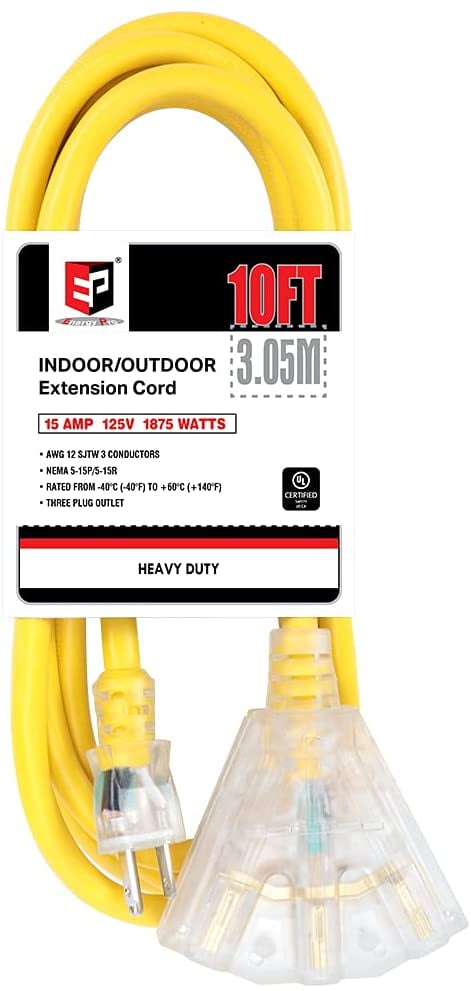 EP 10 Ft Lighted Outdoor Extension Cord with 3 Electrical Power Outlets - 12/3 SJTW Heavy Duty Yellow Extension Cable with 3 Prong Grounded Plug for Safety, UL Listed