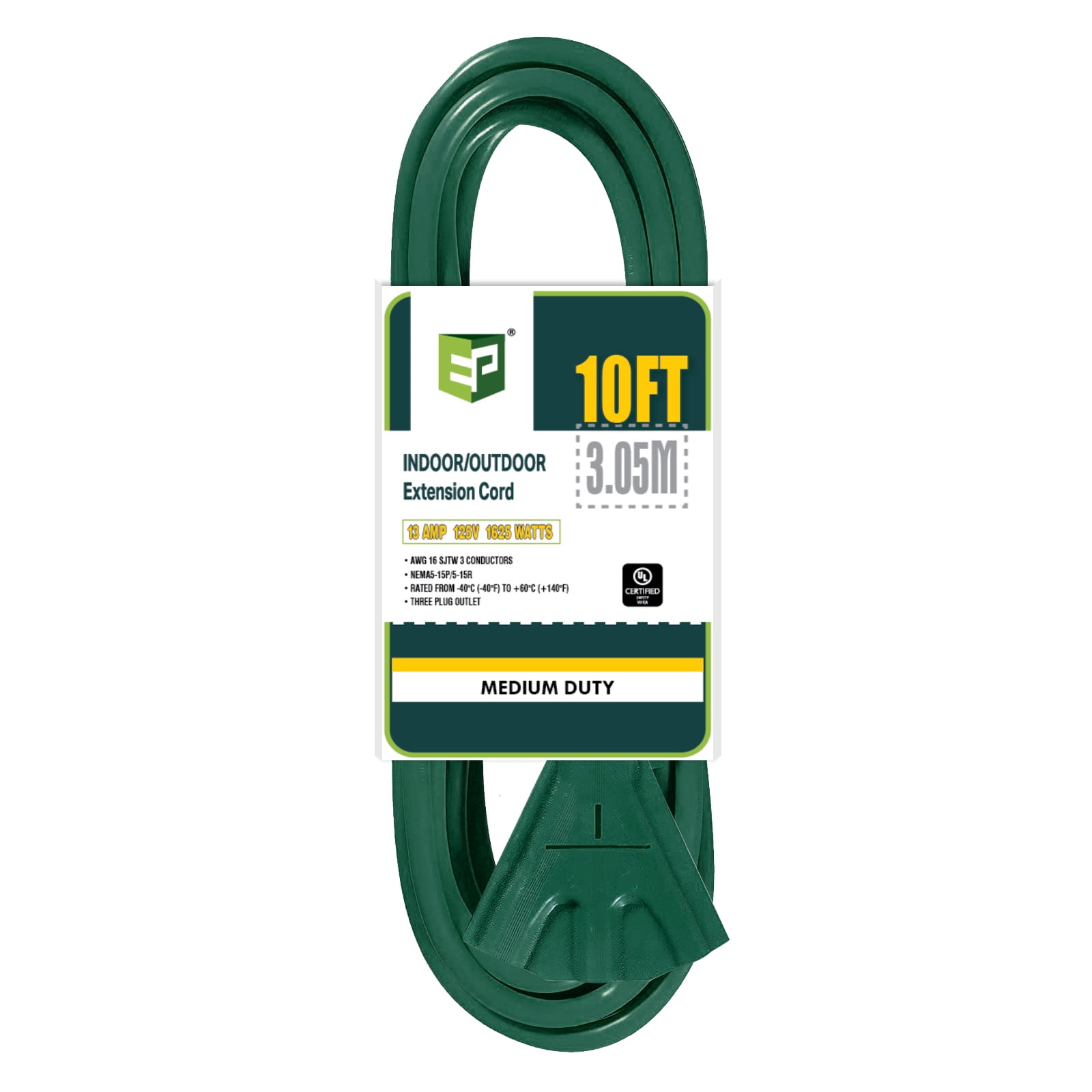 75 Foot Outdoor Extension Cord - 16/3 SJTW Durable Green Extension Cable with 3