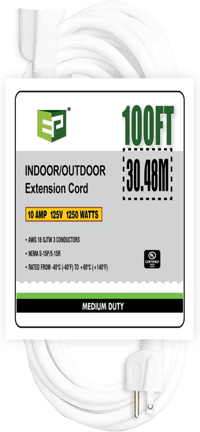 EP 100 Ft 16/3 SJTW White Outdoor/Indoor Extension Cord, Durable Electrical Cable