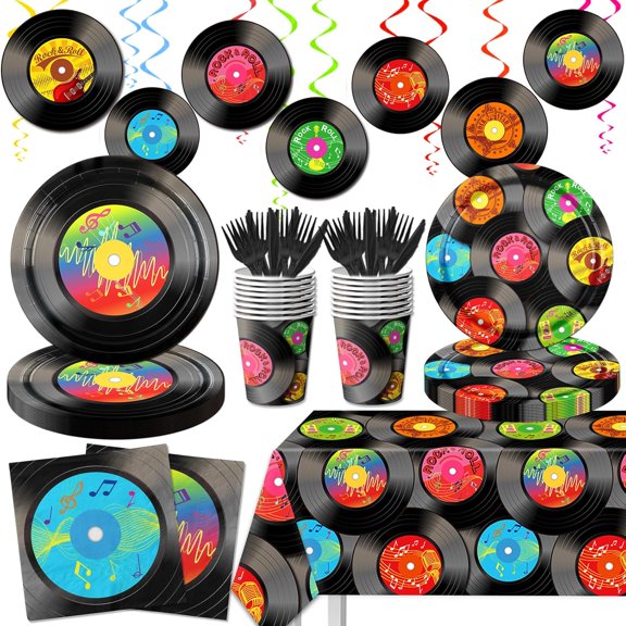 EP 142Pcs Record Theme Tableware Set, 50's Party Decorations Record Paper Plates and Napkins, Cups, Tablecloth, Hanging Swirls Record Banner for 1950's Rock Music Party Supplies
