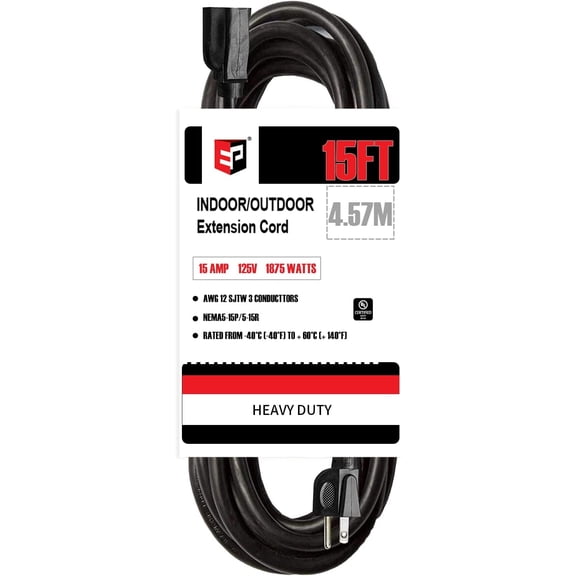 EP 15 Ft 12/3 SJTW Black Outdoor/Indoor Extension Cord, Durable Electrical Cable