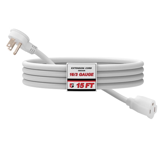 EP 15 Ft 16/3 Flat Plug Indoor Extension Cord, White Low Profile Extension Cable