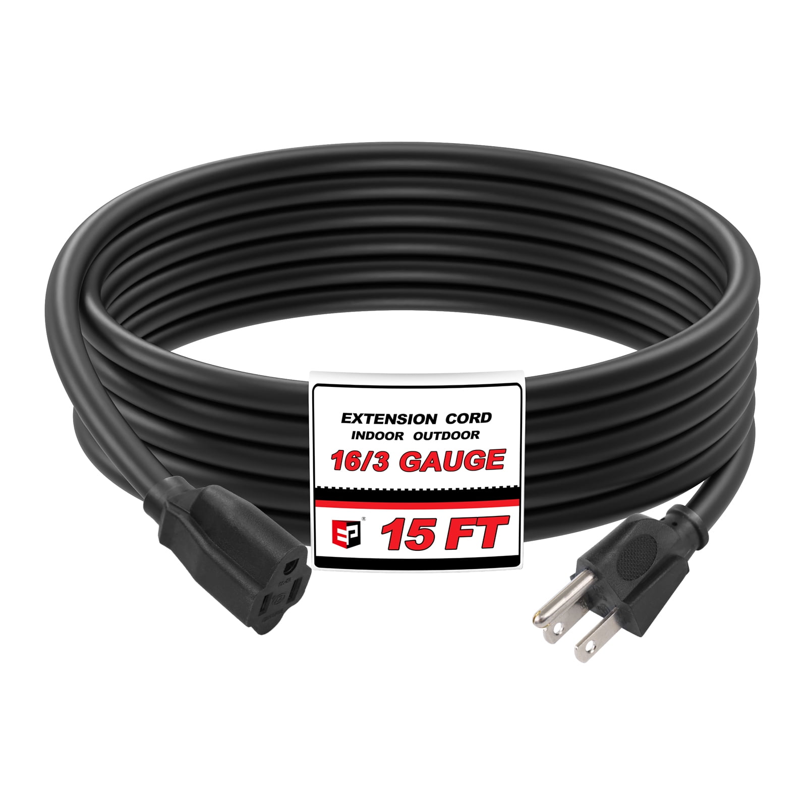 EP 15 Ft 16/3 SJTW Black Outdoor/Indoor Extension Cord, Durable Electrical Cable