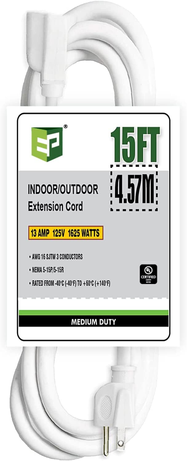 EP 15 Ft 16/3 SJTW White Outdoor/Indoor Extension Cord, Durable Electrical Cable