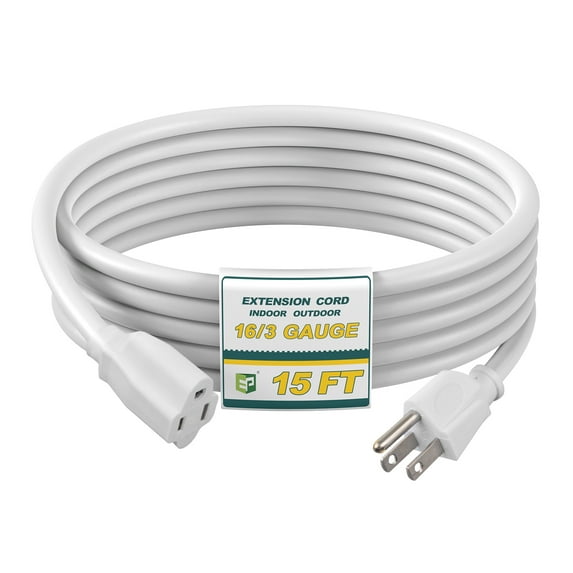EP 15 Ft 16/3 SJTW White Outdoor/Indoor Extension Cord, Durable Electrical Cable