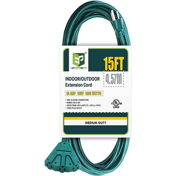 EP 16/3 Gauge 15ft Green 3 Outlets Outdoor Extension Cord