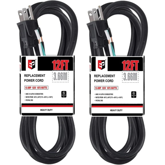 EP 2 Pack 12 ft 14/3C SJTW Appliance and Power Tool Cord, 14 Gauge 3 Prong Heavy Duty Replacement Power Supply Cord Cable, 110V 115V 120V AC Pigtail, 15A, 1875w, Black