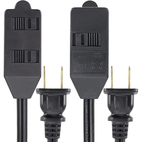 EP 2 Pack 15 Ft Extension Cord with 3 Power Outlets - 2 Prong Plug, 16 AWG SPT-5 Durable Black Power Cable for Home, Office or Kitchen - UL Listed