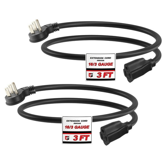 EP 2 Pack 16 AWG Indoor Extension Cord 3 FT, 3 Prong Flat Plug Extension Cord Black, Low Profile Extension Cable
