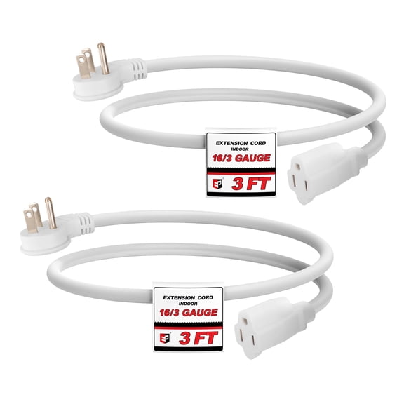 EP 3 Ft 16/3 Gauge Flat Plug Indoor Extension Cord, White Low Profile Extension Cable, 2 Pack