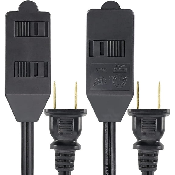 EP 2 Pack 9 Ft Extension Cord with 3 Power Outlets - 2 Prong Plug, 16 AWG SPT-3 Durable Black Power Cable for Home, Office or Kitchen - UL Listed