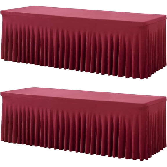 EP 2 Pack Burgundy Spandex Table Clothes for 8 Foot Rectangle Tables, Wrinkle Free Fitted Table Cover 8ft Maroon Stretch Tablecloths with Skirt for Parties Weddings Birthday Banquet Baby Shower