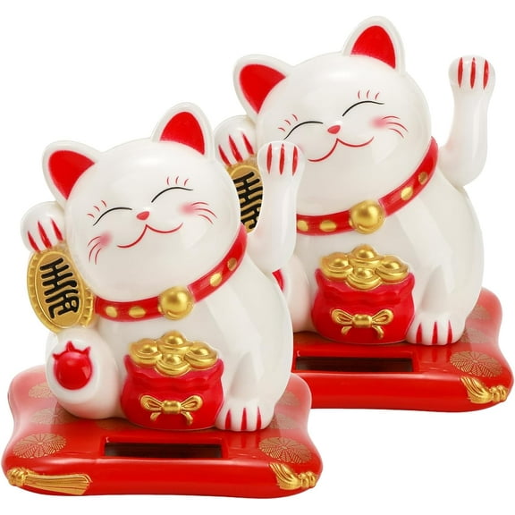 EP 2 Pcs Lucky Cat Waving Arm, Small Solar Waving Cat, Cute White Beckoning Cat Welcoming Cat, Maneki Neko as Good Luck Decor for Home, Office, Car, Stores, Restaurants