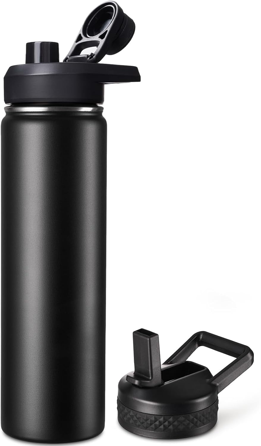 EP 24 oz Insulated Water Bottle with Handle, 304 Stainless Steel Water Bottles with 2 Lids, Double Wall Vacuum Sports Water Cup with Straw, BPA Free, Keep Cold and Hot, Black