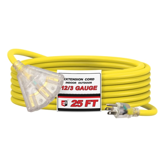EP 25 Ft 12/3 SJTW Outdoor/Indoor Extension Cord with 3 Electrical Power Outlets, Lighted End Heavy Duty Yellow Extension Cable, UL Listed