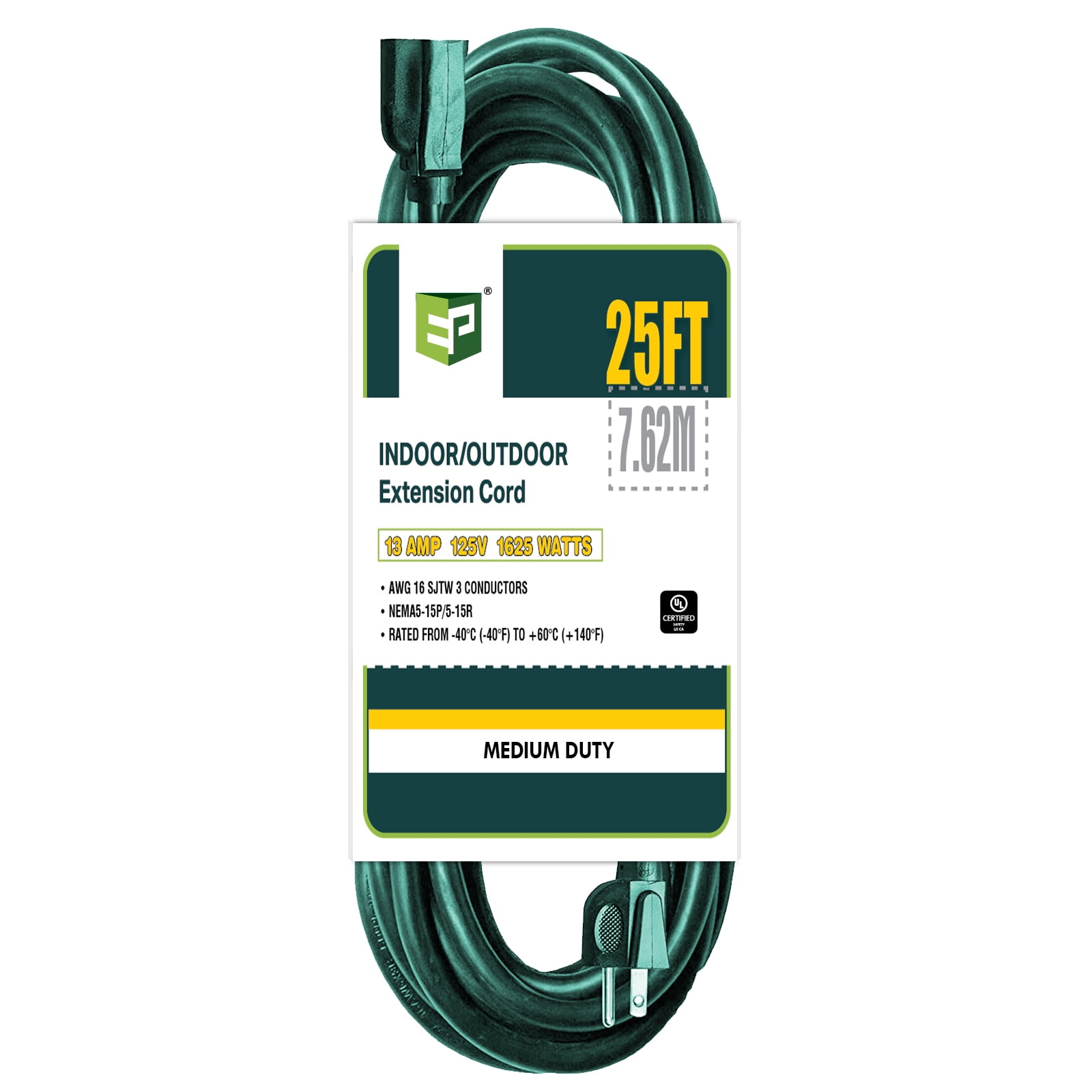 EP 16/3 Gauge 25 Ft Green 1 Outlet Outdoor Extension Cord