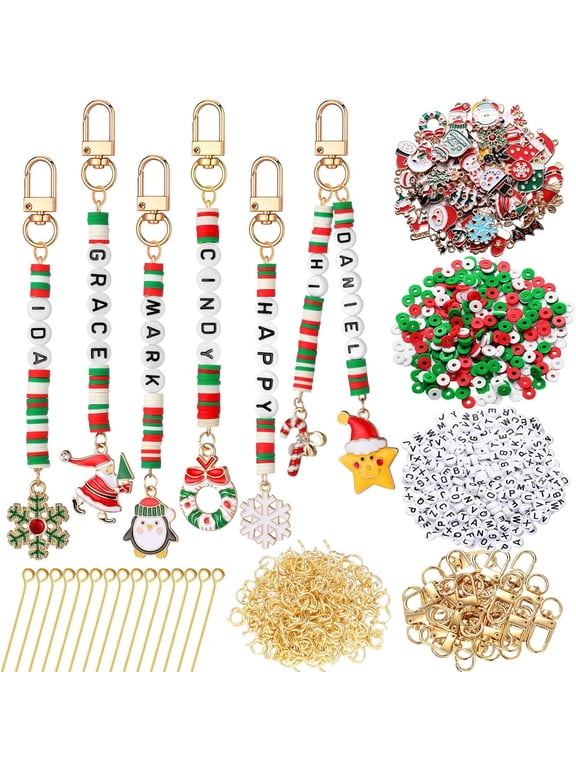 EP 2823 Pcs Christmas Bead Keychain DIY Craft Making Kit Christmas Key Ring Charms Letters Beads String for Xmas Gift Jewelry Key Ring Backpack Accessories