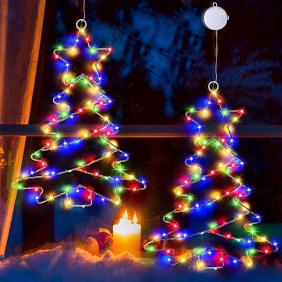 EP 2Pcs Christmas Window Lights, Battery Powered Christmas Tree Lights Metal Framed Hanging Christmas Window Decorations with Suction Cup &Timer for Xmas,New Year,Indoor Fireplace Outdoor Décor