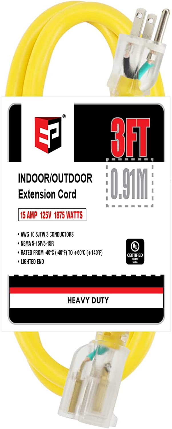EP 3 Ft 10/3 SJTW Yellow Outdoor/Indoor Extension Cord, 10 Gauge Durable Electrical Cable