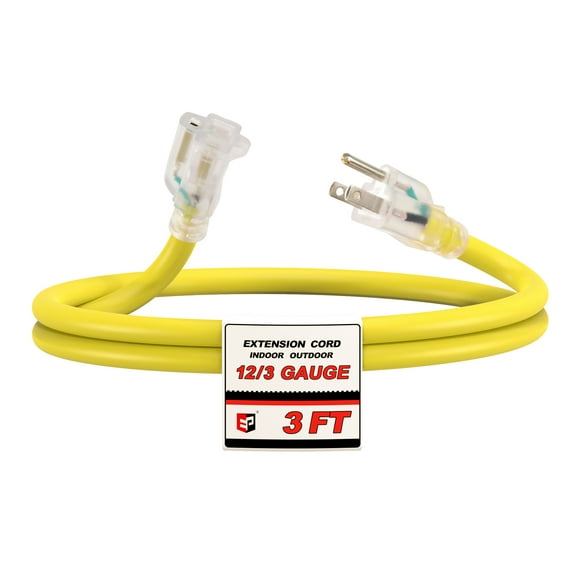 EP 3 Ft 12/3 SJTW Yellow Outdoor/Indoor Extension Cord, 12 Gauge Durable Electrical Cable