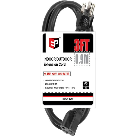 EP 3 Ft 12/3 SJTW Black Outdoor/Indoor Extension Cord, Durable Electrical Cable