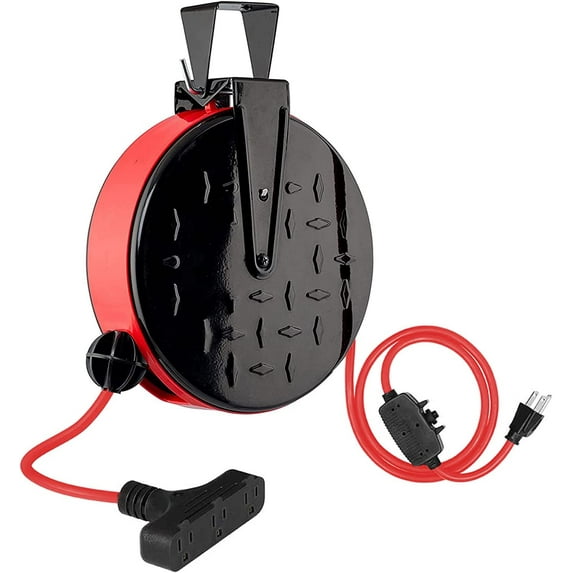 EP 30 Ft 16/3 Retractable Extension Cord Reel, 10 Amp Circuit Breaker, SJTW, Red Power Cord with 3 Electrical Outlets