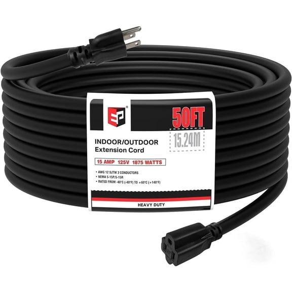 EP 50 ft 12/3 SJTW Outdoor/Indoor Extension Cord, Durable Electrical Cable, Black,13A 1875W