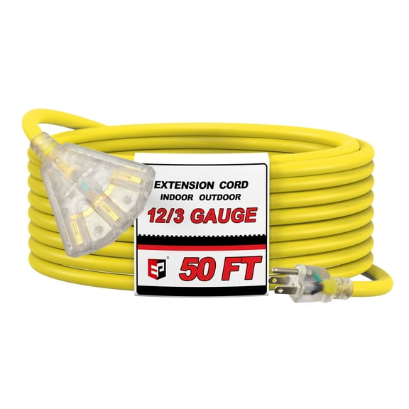 EP 50 Ft 12/3 SJTW Outdoor/Indoor Extension Cord with 3 Electrical Power Outlets, Lighted End Heavy Duty Yellow Extension Cable, UL Listed