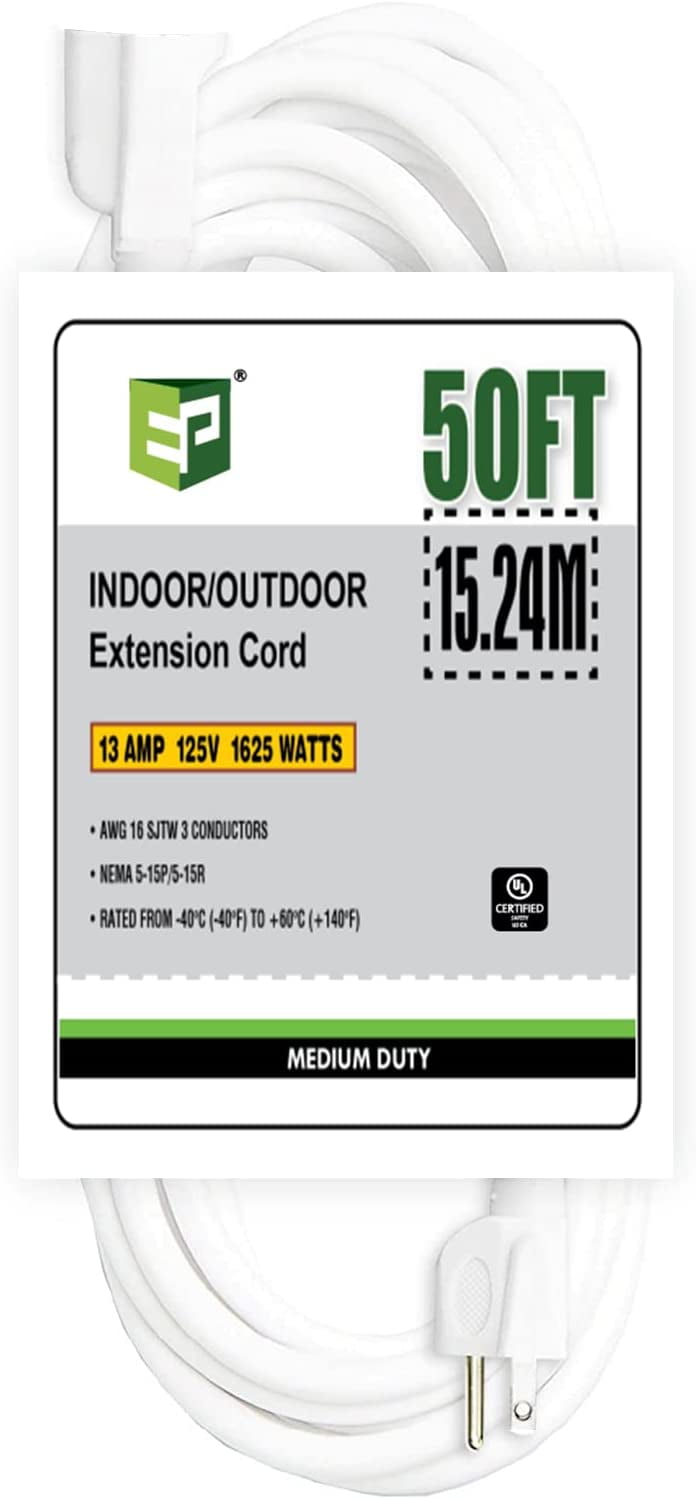 EP 50 Ft 16/3 SJTW White Outdoor/Indoor Extension Cord, Durable Electrical Cable