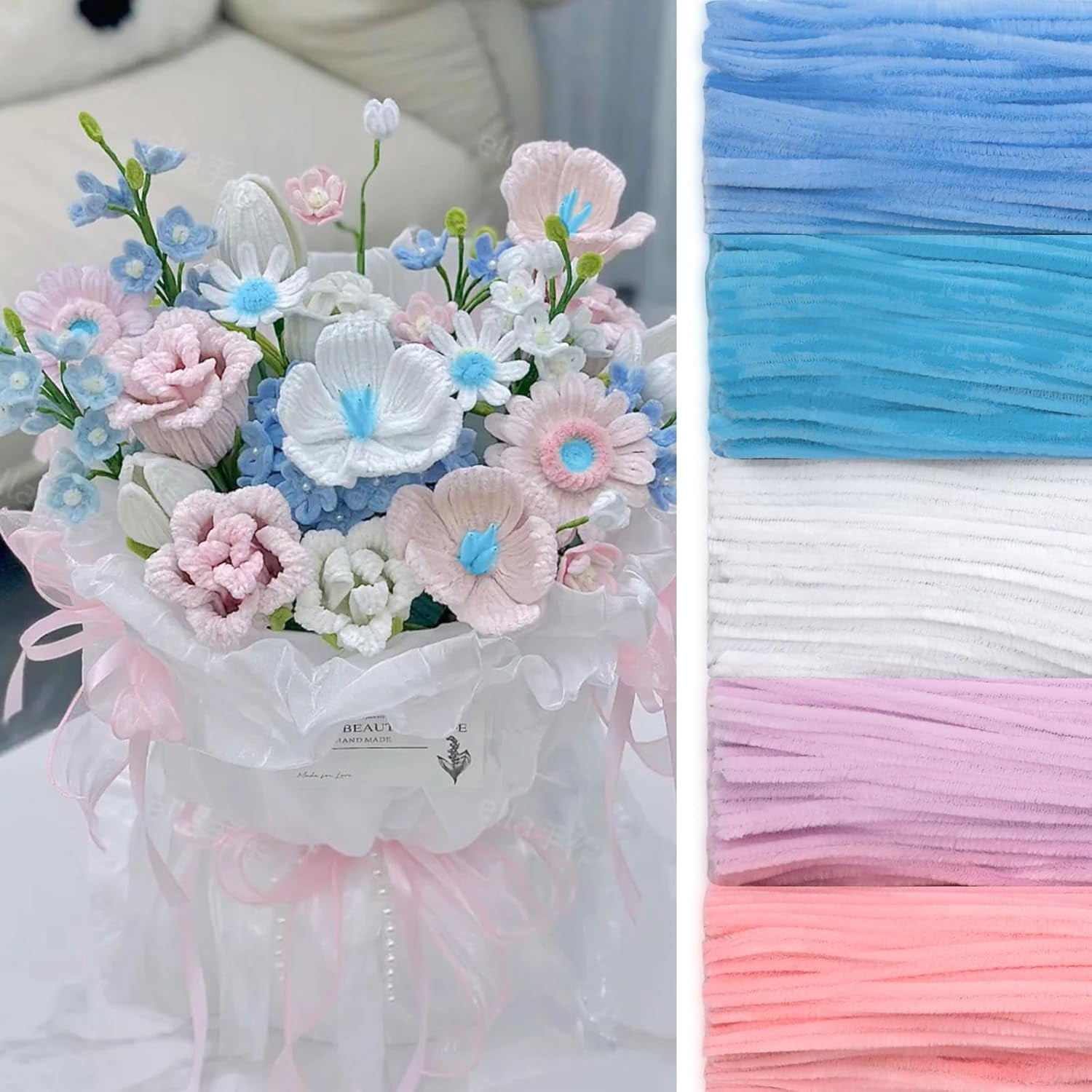 EP 500 Pieces Pipe Cleaners Chenille Stems for Flowers Craft Supplies Bulk Fluffy Fuzzy Sticks for DIY Art Projects Creative Gift Wrapping Party Decorations (Blue & Pink Flower,12 Inch)