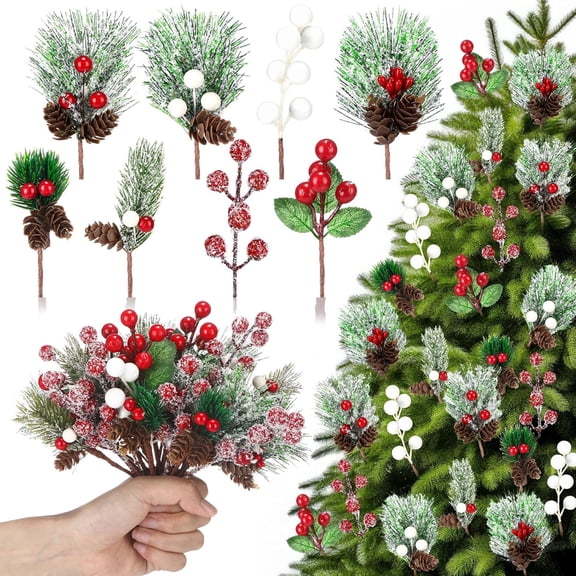 EP 56 Packs Artificial Christmas Picks Red Berry Stems Sprays Faux Cedar Holly Pine Needles Branches Snow Christmas Tree Picks Decorations for Xmas Winter Holiday DIY Crafts Wreath Tree