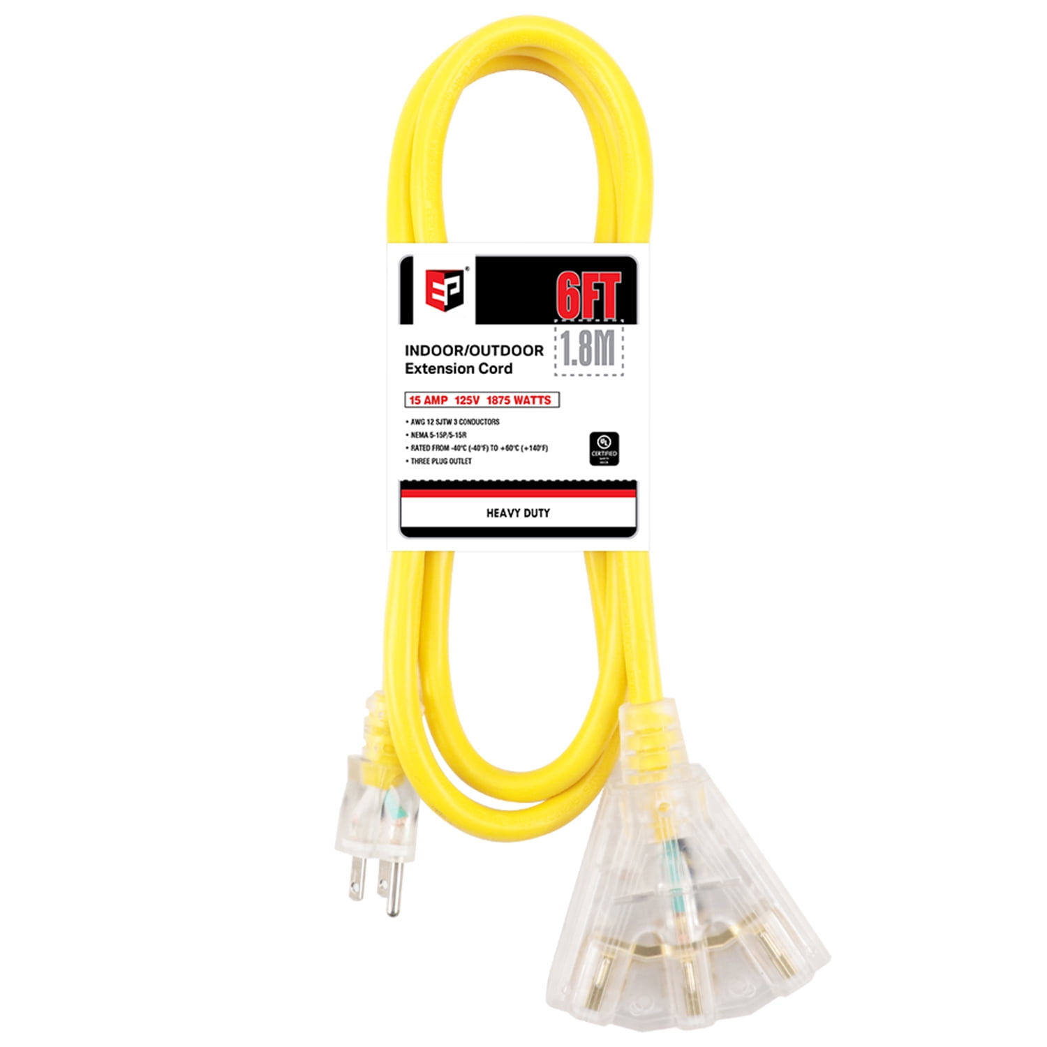EP 6 Ft Lighted Outdoor Extension Cord with 3 Electrical Power Outlets - 12/ 3 SJTW Heavy Duty Yellow Extension Cable with 3 Prong Grounded Plug for  Safety, UL Listed 