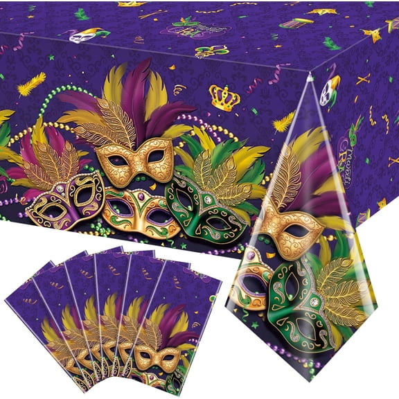 EP 6 Pack Mardi Gras Tablecloth, Masquerade Dancing Table Decorations, Plastic Purple Table Cover Backdrop for Mardi Gras Carnival Party Supplies and Decors, 54 x 108 Inch