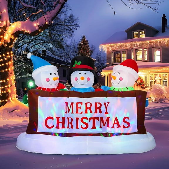 EP 8 FT Inflatables Snowman with Rotating RGB Lights, 3 Blow Up Snowmen Holding Merry Sign, Outdoor Yard Decor for Holiday, Garden, Lawn, Party Gift