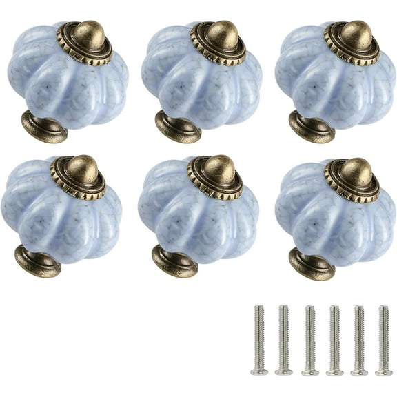 EP Blue Crackle Pumpkin Knobs 6 Pack Ceramic Cabinet Knobs Vintage Drawer Pulls - Antique Dresser Pulls with Screws