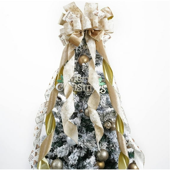 EP Champagne Christmas Tree Topper - 12" Wide Velvet Champagne & Gold Bows (1 Pack)