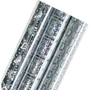 EP Christmas Holographic Foil Wrapping Paper - Mini Roll - Snowflake Blocks/Reindeer and Bell/Snowflake Silver Print for Christmas, Holiday, Party - 17 x 120 inches - 3 Rolls (42.5 sq.ft.ttl.)