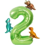 EP Dinosaur Green Number 2 Balloon, 40 In Large Foil Helium Balloon with Mini Dino Mylar Balloons, Dinosaur Birthday Decorations for Kids, Dino Balloons Set for 2nd Birthday Party Supplies (2)