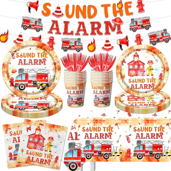 EP Firefighter Birthday Party Decorations, Firetruck Birthday Decorations 142pcs Tableware Set Include Plates,Napkins,Cups,Banner,Sound The Alarm Tablecloth For Fireman Fire Truck Party Supplies