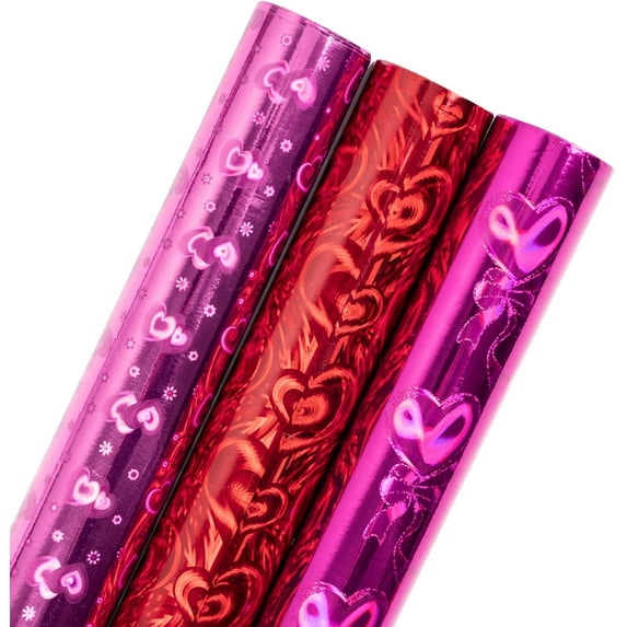 EP Heart Holographic Wrapping Paper Roll for Mom, Light Pink/Red/Rose Red Hearts with Bows for Mother's Day, Valentine's, Wedding, Anniversary, Birthday, Mini Roll, 17x 120 inches, 3 Rolls