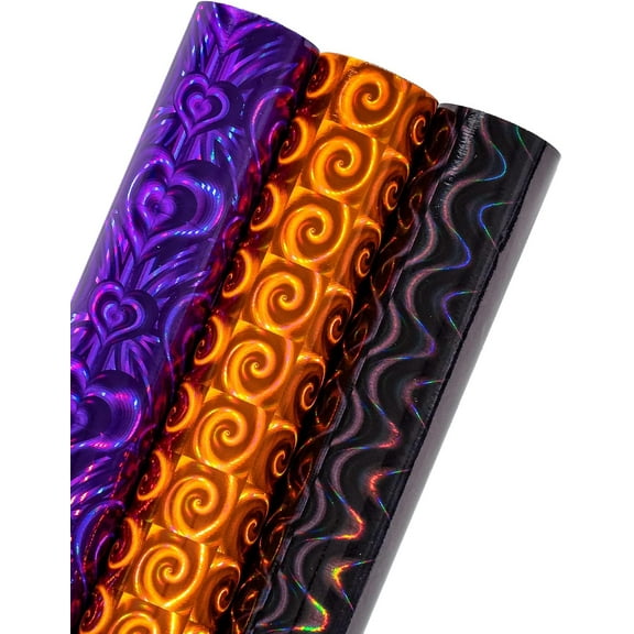 EP Holographic Halloween Wrapping Paper Roll, Purple Heart/Orange Spiricle/Black Wavy Stripe Spooky Design for Valentines, Nightmare Before Christmas, Birthday, Holiday, 17 x 120 inches, 3 Rolls
