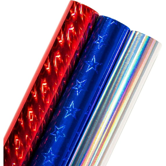 EP Holographic Patriotic Wrapping Paper Roll, Blue Star/Red Stripe/Silver Color for Independence Day 4th of July Memorial Day Birthday Holiday, Mini Roll, 17 x 120 inches, 3 Rolls