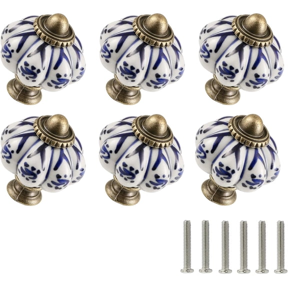 EP Ivory & Deep Blue Pumpkin Knobs 6 Pack Ceramic Cabinet Knobs Vintage Drawer Pulls - Antique Dresser Pulls with Screws - Deep Blue Flower