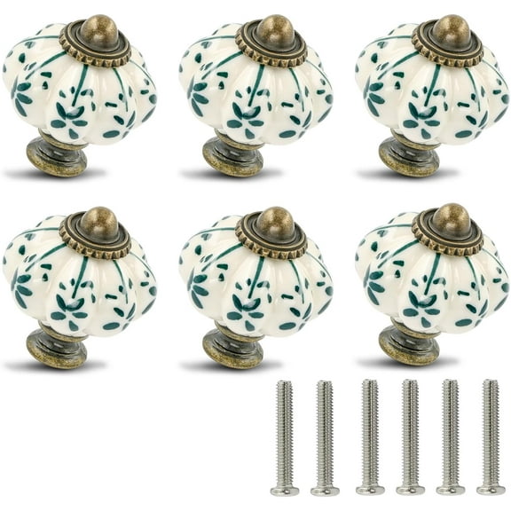 EP Ivory & Green Pumpkin Knobs 6 Pack Ceramic Cabinet Knobs Vintage Drawer Pulls - Antique Dresser Pulls with Screws - Green Flower