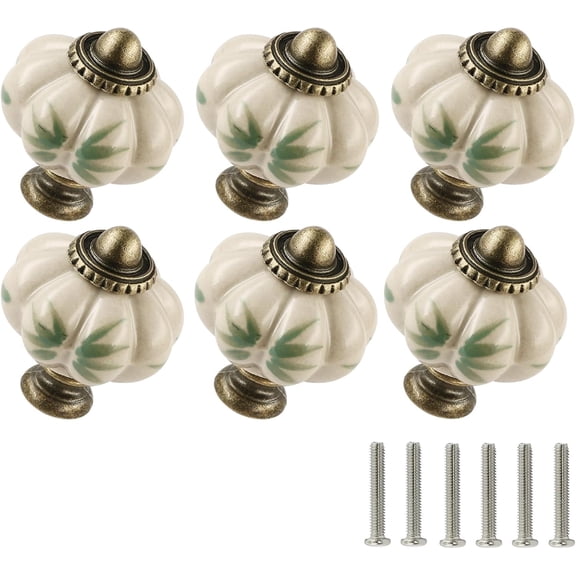 EP Ivory Pumpkin Knobs 6 Pack Ceramic Cabinet Knobs Vintage Drawer Pulls - Antique Dresser Pulls with Screws - Bamboo Leaves