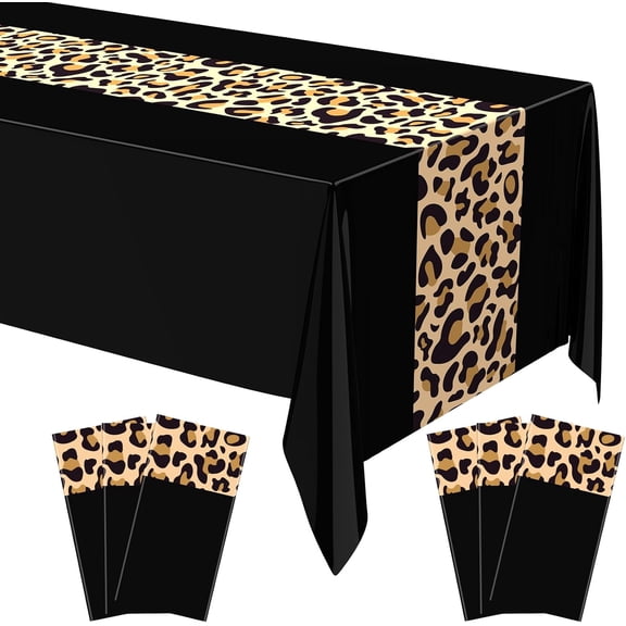EP Leopard Print Tablecloth 54 x 108'' Leopard Plastic Table Cover Disposable Safari Animal Cheetah Print Party Decorations for Baby Shower Wedding Birthday Party Favors(Black,6 Pcs)