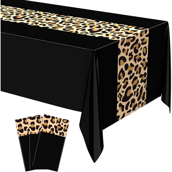 EP Leopard Print Tablecloth 54 x 108'' Leopard Plastic Table Cover Disposable Safari Animal Cheetah Print Party Decorations for Baby Shower Wedding Birthday Party Favors(Black,3 Pcs)