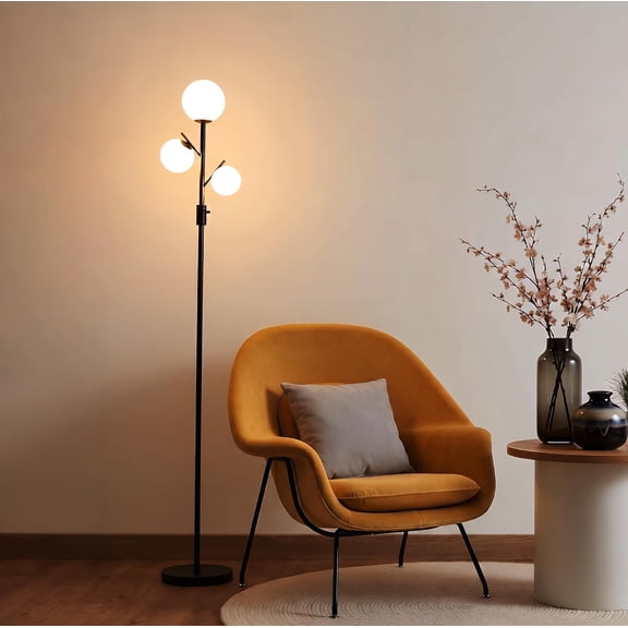 EP Mid Century Modern 3 Globe Tree Floor Lamp - Dimmable LED Standing Lamp with Bulbs, Warm Light for Living Room Bedroom Office - Black