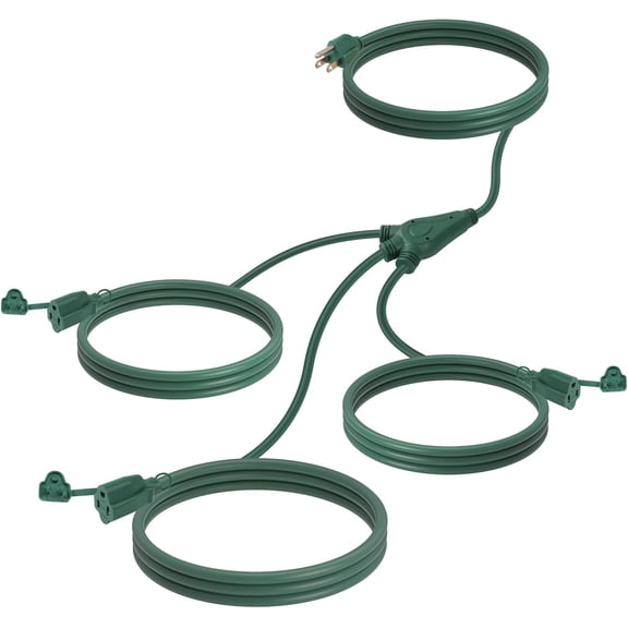 EP Outdoor Extension Cord 1 to 3 Splitter, Max 13ft End to End (25FT Total), 3 Prong Outlets Plugs, 16/3 SJTW Weatherproof Wire for Christmas Landscape String Lights, Green