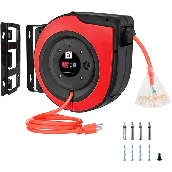 EP Retractable Extension Cord Reel,75 Feet 14 AWG/3C SJTOW Heavy Duty Power Cord,10 AMP Circuit Breaker, 3-Lighted Triple Outlets,Ceiling or Wall Mount Use Indoor, Yellow